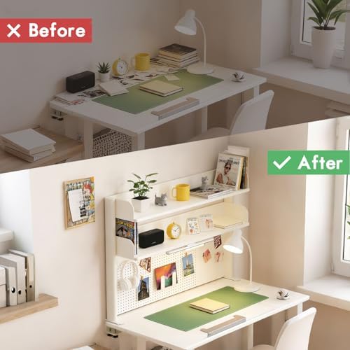 Clamp On Desk Shelf Organizer with Pegboard Desk Hutch Dorm with Storage Bookshelf Desk Top Organizer Shelf Multi-Purpose White & Black Desktop Shelves & Office Shelves (White, W - 23.6") - Image 4