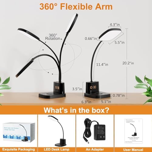 10W Wireless Charging LED Desk Lamp with Clock, Light Black - Image 6