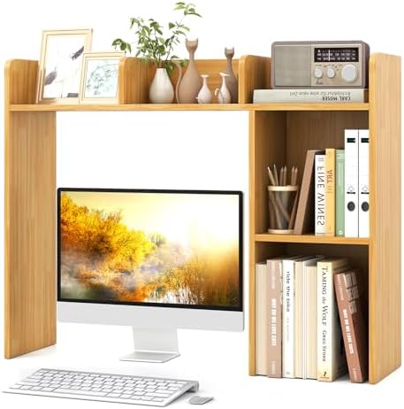 Tangkula Desktop Bookshelf, Countertop Storage Hutch with Shelves for Computer Desk, Desk 3-Tier Display Rack, Multipurpose Wood Desktop Hutch Storage Organizer for Dorm Office by TANGKULA