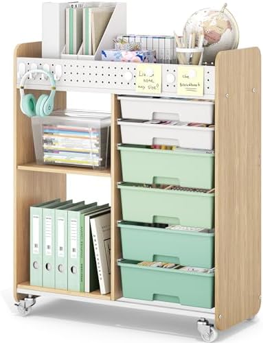 Rolling Craft Cart with 6 Drawers, Pegboard and Locking Wheels Green by APEXCHASER