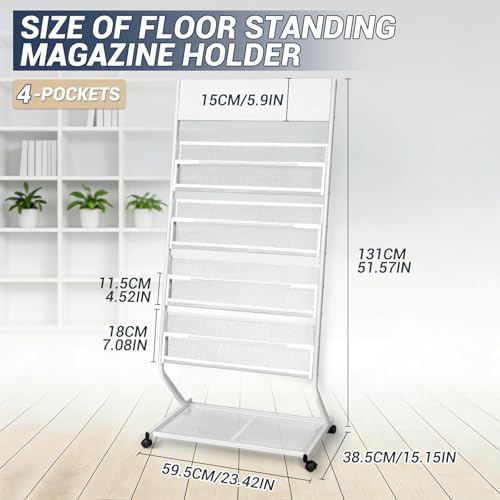 4-Tier Rolling Magazine Rack, Floor Standing Brochure & Literature Display Stand, 23.4" Wide, White - Image 2