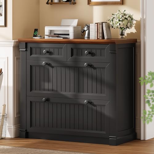 SEDETA 4 Drawers File Cabinet, 33" Farmhouse Filing Cabinets for Home Office fit Legal/Letter/A4 File, Wood Office File Cabinet with Power Outlets, Printer Stand with Storage, Black+Brown by SEDETA
