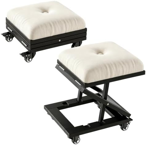 VECELO Foot Rest Under Desk at Work, Height Adjustable Rolling Foot Stool Set of 2 with Wheels, Cushioned Seat for Living Room, Bedroom, Home Office, Beige by VECELO