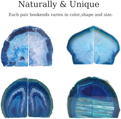Natural Teal Dyed Agate Geode Bookends - 2 to 3 lb Heavy Duty Rock Crystal Stone Book Ends for Shelves, with Rubber Bumpers, Decorative Book Holders for Home Office - Image 5