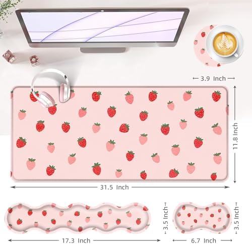 Large Keyboard Mouse Pad Set, Extended Mouse Pad+Keyboard Wrist Rest Support, Memory Foam Ergonomic Easy Typing, 4Pcs (31.5×11.8 in) Desk Pad Set for Office Home,Cute Strawberry Pattern - Image 6