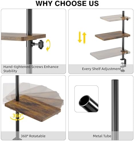 3 Tiers Clamp On Desk Shelf, 360° Angle Adjustable Desktop Shelf Organizer for Home Office Gaming Room, No Drill Desk Extender Adapt to 0.4-2.16 inches Table Thick, Black Brown - Image 5