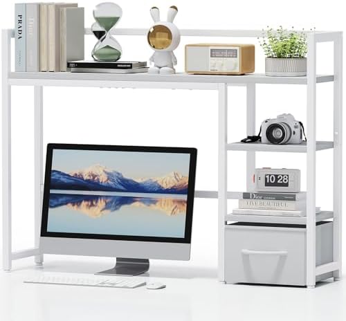 Marbrasse Desk Shelf with Drawer, 40" Desk Hutch for Computer Monitor, Desk Shelf for top of Desk, Wooden Desktop Bookshelf Storage Rack for Home Office Dorm - White by Marbrasse