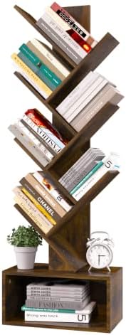 Yoobure Tree Bookshelf - 6 Shelf Retro Floor Standing Bookcase, Tall Wood Book Storage Rack for CDs/Movies/Books, Utility Book Organizer Shelves for Bedroom, Living Room, Home Office, Rustic Brown by Yoobure