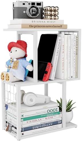 Small Desktop Bookshelf Organizer, White 3-Tier Desk Shelf with Metal Hook Workspace Organizers for Desk Organization and Office Storage Table Bookcase by Unknown