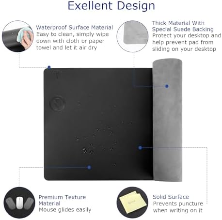 EYStech™ Desk Pad with Wireless Charger, Leather, Waterproof, Anti-Slip Wool Felt Base Material, Office Table Mat, Fast Charging Gaming Mouse Pad, 36” (L) x 17” (W), Black (Left Side Charging Port) - Image 4