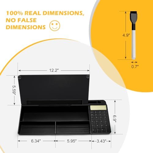 Desktop Glass Whiteboard with Calculator(12 Digit LCD Display) & Ruler Marker,Tilted Notepad Computer Keyboard Stand with Black Dry Erase Board Surface, Desk Organizers with Accessories,Black - Image 6
