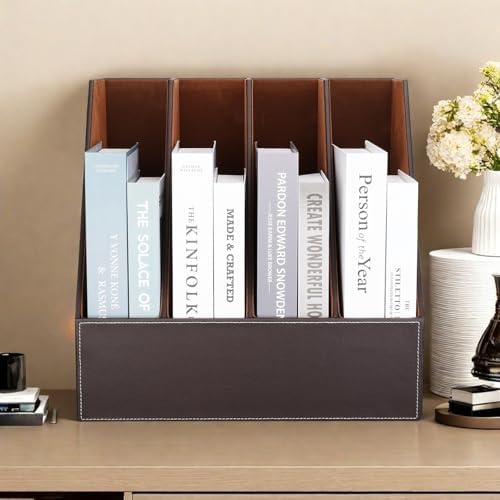 KINGFOM 4-Slot Wood Leather Document Files Holder Rack Stand Desk Files Organizer Papers Collection Cabinet (4 slot brown) - Image 7