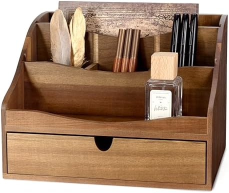 Rebee Vision Acacia Wood Mail Organizer for Desk with Drawer, Brown by REBEEVISION