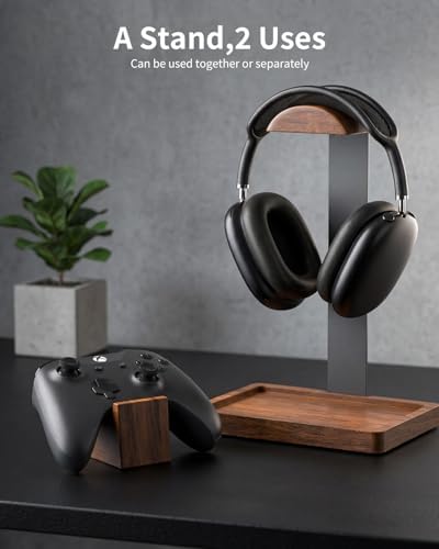 Headphone Stand and Controller Holder, 2-in-1 Walnut Wood Gaming Desk Organizer Compatible with Controllers, Display Mount for AirPods Max, Bose, Sennheiser, Gift for Gamers - Image 2