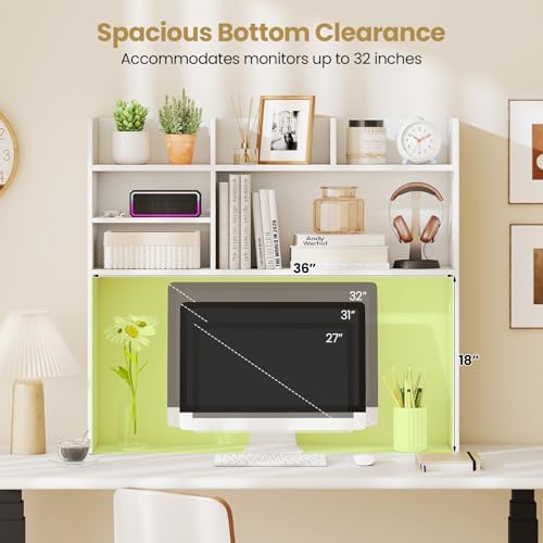 Tangkula Desktop Bookshelf for Computer Up to 32”, 37” Countertop Storage Hutch with 6 Storage Shelves, 3-Tier Desktop Organizer Display Rack, Wooden Desk Hutch for Dorm Home Office (White) - Image 6