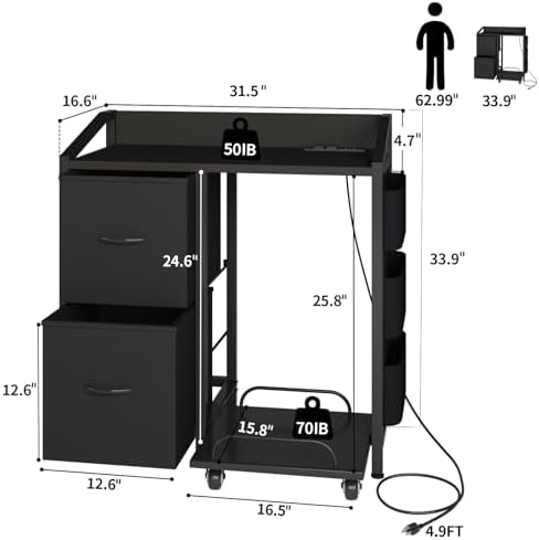 Printer Stand with Storage, Lateral Office Filing Cabinets with Power outlets & USB Charging Port, File Cabinet with Large Printer Stands for Home Office, Shredder Stand Rack (Black) - Image 3