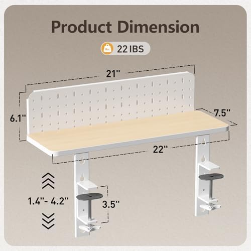 Clamp on Desk Extender Shelf, 22" Desk Riser with Pegboard - Image 2