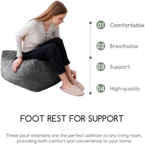 HIGOGOGO Square Stuffed Pouf Ottoman, Corduroy Poufs with Foam Chunk Filling, Furry and Fluffy Pouf Foot Stool Storage Ottoman, 25.6 X 25.6 Floor Poufs Foot Rest for Living Room, Dark Grey - Image 5