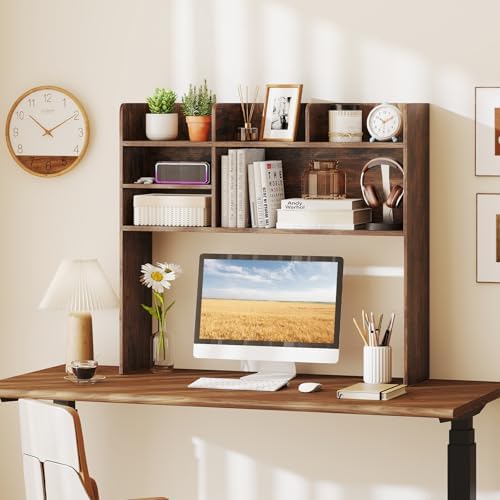 Desk Hutch, 37" Desktop Bookshelf with 6 Shelves, Wooden Desktop Organizer Display Rack with Adjustable Shelf, 3 Tier Desk Topper for College Dorm, Hutch Top Only - Image 2
