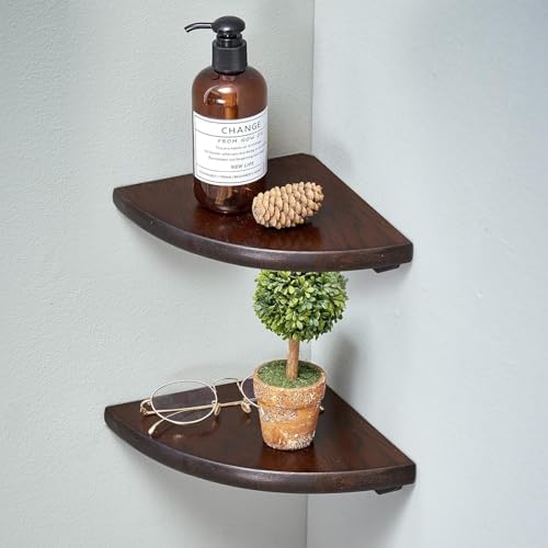 Corner Shelves, Floating Corner Shelf, Set of 2 Solid Oak Wood Wall Shelves, Round End Wall Mount with Wire Hole Shelving for Small Plant for Bedroom Kitchen, Living Room Walnut 8.7” by Coamily