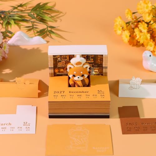 3D Calendar 2027, 3D Memo Pad Art Sticky Notes, Time Piece Calendar 2027, Creative Weekly Notepad with Light, Paper Carving Art Desktop Gift for Christmas Birthday Anniversaries (Raccoon) - Image 4