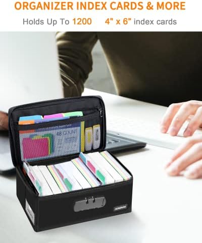 JUNDUN Index Card Holder with 48 Pieces 4x6 Inch Index Cards Dividers,Collapsible Fireproof Index Card Box with Lock fits 1200 4x6-Inch Flash Cards - Business, or Note Card Storage Boxes - Black - Image 3