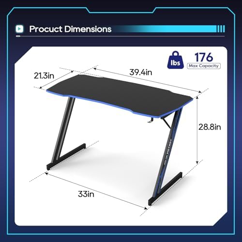 BestOffice | 39" Gaming Table | Black & Blue | Z-Shaped Computer Desk - Image 3