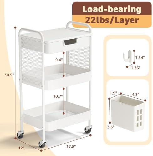 3 Tier Rolling Cart with Drawer, Metal Rolling Utility Cart on Wheels with Pegboard, Art Cart Storage Organizer with Tabletop for Living Room, Office, Bedroom (White) - Image 6