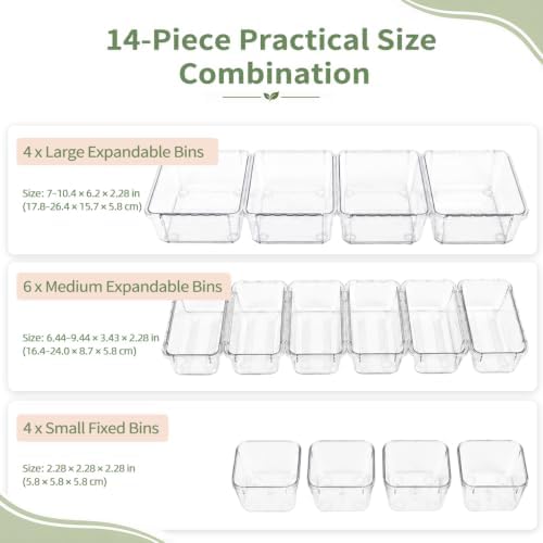 14 PCS Expandable Drawer Organizer Set, Clear Storage Bins with 6 Medium Trays, 3 Sizes for Makeup, Bathroom, Kitchen & Office - Image 2