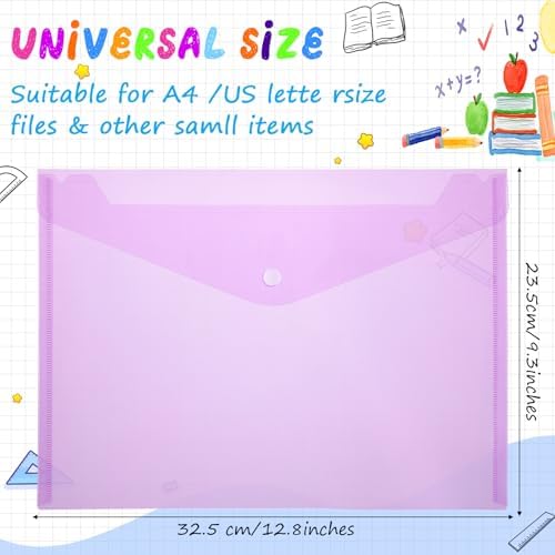MotiMind 100 Pcs Clear Envelopes with Snap Button Closure Bulk A4 Letter Size Clear Plastic Envelope Folder Document Organizer File Folders for Office Home (Purple) - Image 2