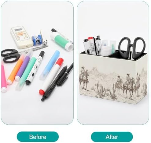 Pens Holder, Pencils Holder for Desk Organizer, Western Horse Cactus PU Leather Pencil Cups Desktop Stationery Storage Makeup Brush Holder Pens Organizer for Office Home - Image 3