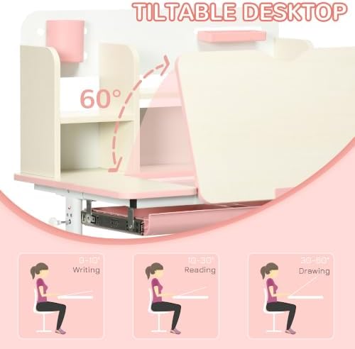 Qaba Wooden Kids Study Desk Height Adjustable Tilt Desktop Drawer Pink - Image 5