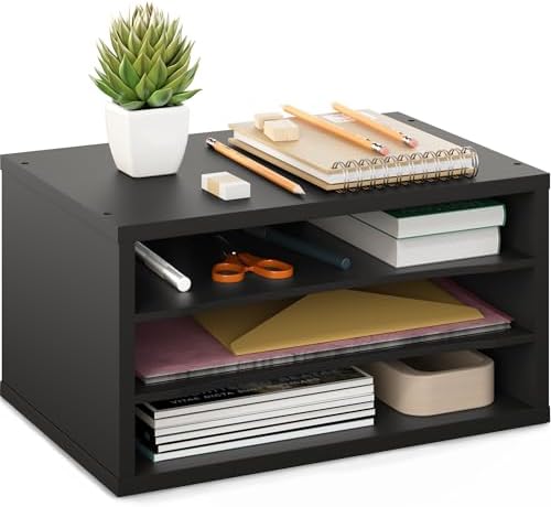Ballucci Paper Organizer, 3-Tier Stackable Wood Desk Organizer, Document File Organizer and Mail Sorter with Adjustable Storage Shelves, Black by Ballucci