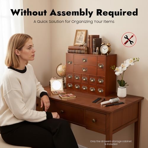 Desk Organizer with 14 Drawers, 4 Tier Wooden Apothecary Cabinet Desktop Storage Cabinet with Label Boxes, Makeup Organizer Filing Case for Office Bedroom Home, L21*W6.3*H16.7in - Image 3