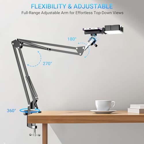 Overhead Phone Mount with Rechargeable Light for iPhone, Desk Tripod with Clamp for Content Creator Camera Recording, Top Down Holder Stand for Filming/Live/Cooking/Unboxing/Drawing/YouTube/TikTok - Image 6