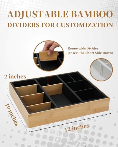 Office Drawer Organizer, Bamboo Desk Drawer Organizer with 4 Removable Dividers, Desk Organizers and Accessories with 10 Adjustable Compartments for Office Home (Gray) - Image 4