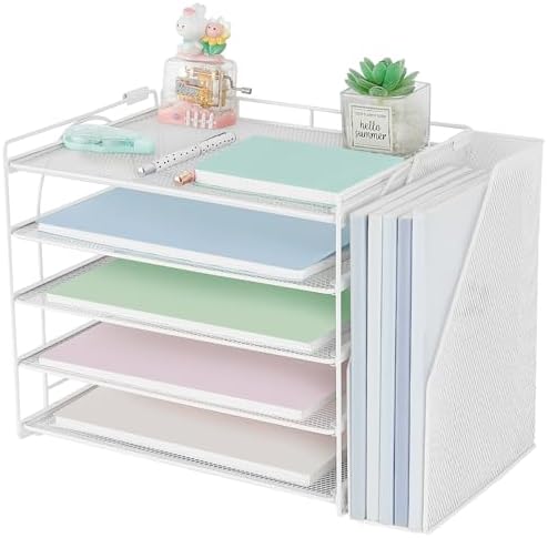 AUPSEN Desk Organizers and Accessories, 5-Tier Desktop Paper File Organizer with Removable File Holder, Desk Accessories & Workspace Organization for Home Office Supplies (White) by AUPSEN