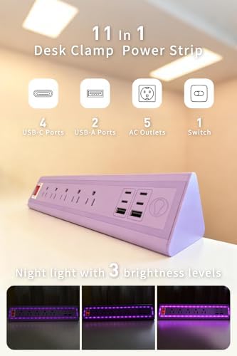 Desk Clamp Power Strip with Nightlight, 40W Fast Charging, 6FT Extension Cord, 4x20W USB-C & 2 USB Ports, 5 AC Outlets, Fits 1.69-Inch Table Edges - Image 2