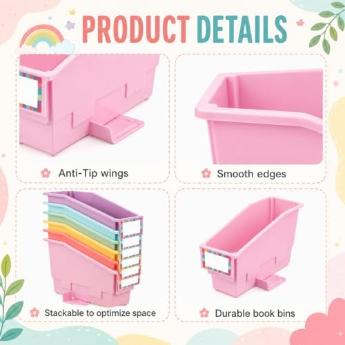 gisgfim 6 Pcs Non-Tip Book Bins with Stabilizer Wings (Pastel) - Image 3