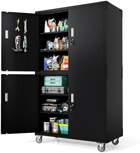 VINGLI Large Garage Storage Cabinet with 4 Doors, Upgraded Height & Wide & Deep, 43''W x 23''D x 75''H, Oversized Metal Storage Cabinet with Pegboards Wheels Locks and Adjustable Shelves (Black) by VINGLI