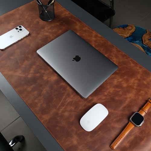 Jersey Genuine Calfskin Leather Desk Pad, Office Desk Mat with Non-Slip Bottom, Smooth Surface for Mouse & Keyboard, Desk Protector (14.6x31.5 inches) (Antic Tan) by TORONATA