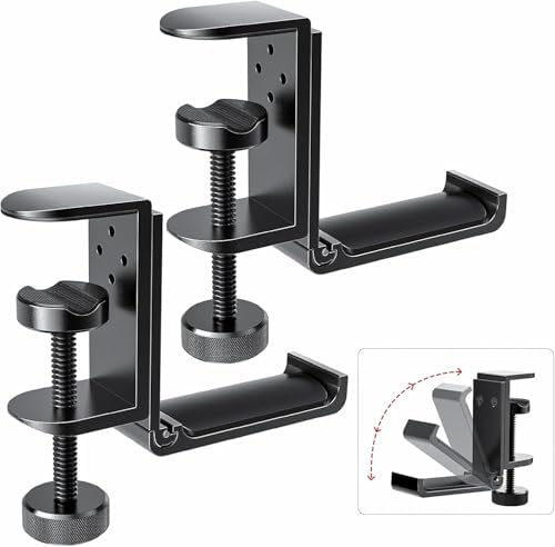 Kimiangel 2 Pack Headphone Stand Under Desk, Foldable Aluminum Headset Holder with Adjustable Screw Clamp, Headphone Hook Mount for Gaming Accessories, Space-Saving Under Table Headset Hanger by Kimiangel