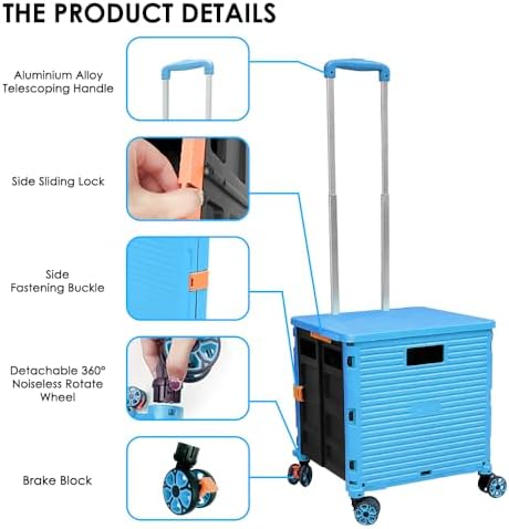 Foldable Utility Cart Portable Collapsible Crate Rolling Carts with Wheels Rolling Tote Basket Teacher Cart with Lid Wear-Resistant 360°Rotate Wheel Noiseless for Shopping Storage Office Use - Image 2