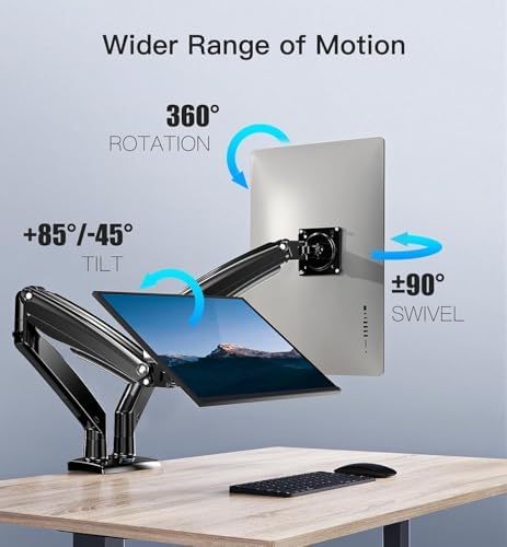 HUANUO 13 to 40 Inch Dual Monitor Arm for 2 Ultrawide Screens, Height Adjustable Full Motion Stand with 2 USB Port, VESA 75/100mm Mount, Holds up to 26.4lbs per Arm, Black - Image 4