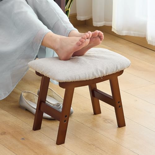 Foot Stool,Under Desk Foot Rest Ottoman, Washable Stool for Office, Living Room, Bedroom (Brown Legs-Beige Stool Seat) by Wieghda