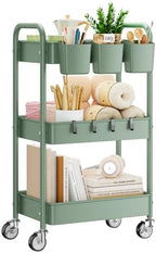 YASONIC 3-Tier Rolling Cart, Green, 66 Pounds Capacity, Mesh Storage Organizer with Lockable Wheels, 3 Hanging Cups, 4 Hooks, Easy Assembly, for Kitchen, Bathroom, Laundry, Grocery by YASONIC