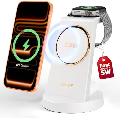 3 in 1 Fast Charging Station for iPhone, 25W Wireless Magnetic Phone Charger for iPhone 17 16e 16 15 14 13 12 Serise, Watch Charger Stand, Wireless Charging Station for AirPods 4 3 Pro, White by WAYLITEWirelessCharger