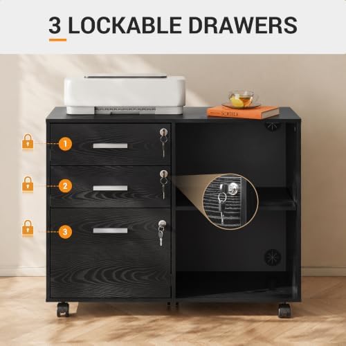 DEVAISE 3-Drawer File Cabinet with Lock, Mobile Wood Filing Cabinet, Black - Image 6