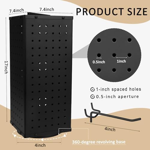 Rotating Pegboard Display Stand With 24 Hooks, 4-Sided Metal Spinning Peg Board Display 7.4"x7.4"x17" Spinner Pegboard Carousel Craft Rack Organizer (Black) - Image 2