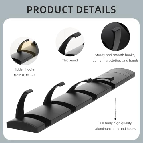 2 Pack Foldable Stylish Modern Hook Rack with 5 Hooks, Coat Hooks Wall Mount, Metal Coat Hook Rail for Coat Hat Towel Purse Robes Mudroom Bathroom Entryway (Black) - Image 5